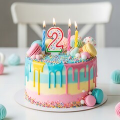 Pastel birthday cake for second anniversary featuring two year candle