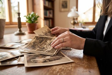 Female hands sorting through stack of nostalgic black and white snapshots on table