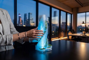Female architect hands inspecting glowing futuristic eco skyscraper model in modern office at night