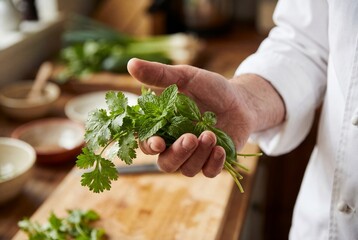 Male chef hand holding fresh bunch of green cilantro and mint herbs with water drops
