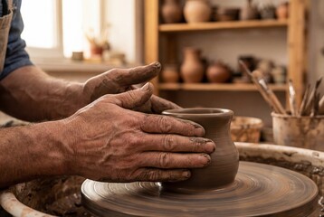 Male potter hands shaping wet clay on spinning wheel to create ceramic vessel