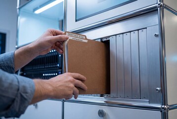 Man inserting physical folder labeled system backup into modern server rack slot for data security