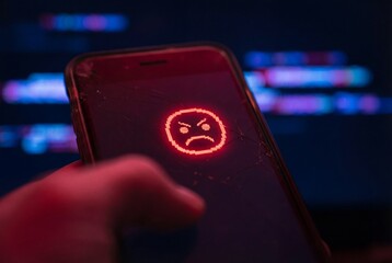 Broken smartphone screen showing glowing red angry face icon representing malware or security failure