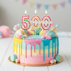 Bright colorful celebration cake with rainbow frosting drip and five hundred candles