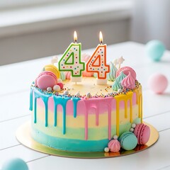 Colorful birthday cake with number 44 candles and macarons on table