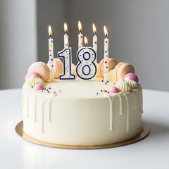 Eighteenth birthday cake with colorful candles and creamy topping