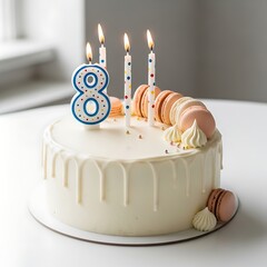 Minimalist eighth birthday cake with white dripping and macarons