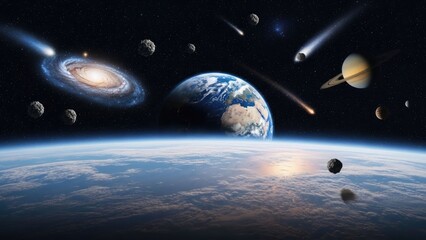 Celestial view Earth, galaxy, planets, and asteroids against a dark expanse