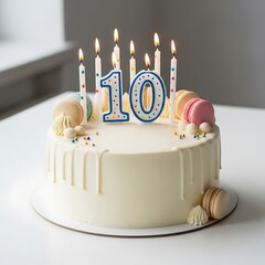 White birthday cake for tenth anniversary celebration with number candles