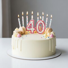 White drip cake for fortieth birthday with many lit tall candles