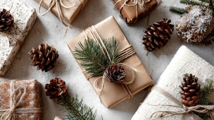 Festive overhead shot features wrapped presents with pine cones and evergreen sprigs on a neutral textured surface. Gifts are tied with twine