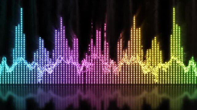 Colorful equalizer made of illuminated dots over a reflective surface against a dark background
