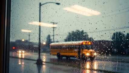 Rainy Day School Bus Scene Outside Window.