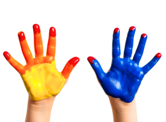 Hands painted with colorful paint isolated on transparent background