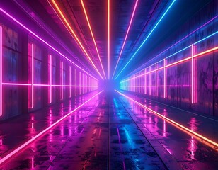 Futuristic tunnel lit with vibrant neon lights, reflecting on floor