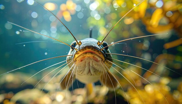 Close-up underwater portrait of a catfish with long barbels.