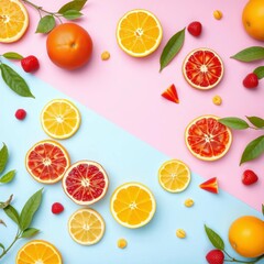 Vibrant citrus fruits arrangement on a split pink and blue background flat lay, stock photo., commercial use