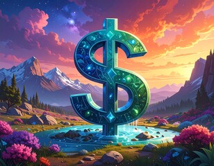 Large dollar sign in idyllic landscape with mountains, stream, and sky