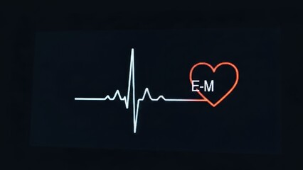 EKG readout with heart symbol and initials E-M on a dark background
