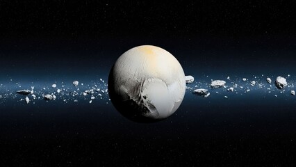 Distant icy planet with a ring of orbiting rocky debris in space