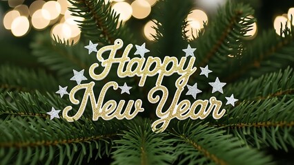 Glittering gold and silver happy new year decoration rests upon the vibrant green needles of a Christmas tree branch with soft warm bokeh lights illuminating the background for a festive celebration m
