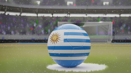Vibrant Uruguayan flag soccer ball on field under subtle stadium lights and falling particles