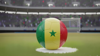 Green yellow red star adorned football centerpiece on the white chalk mark of a vast sports venue
