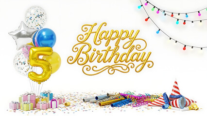 Happy birthday greeting with golden script and yellow number five balloon surrounded by party gifts