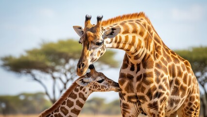 Giraffe mother and calf in african savanna with acacia trees in background