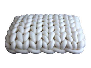 A chunky white yarn blanket displayed on a plain white background from a front viewpoint