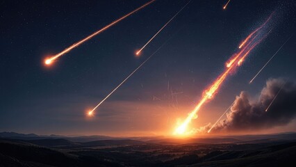 Fiery celestial bodies streak through a starry night sky, descending