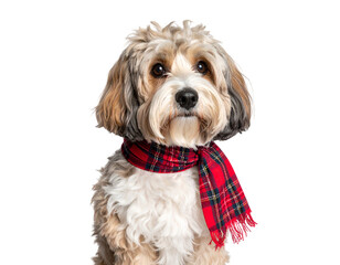 Adorable Cavapoo dog wearing a festive red tartan scarf studio portrait.