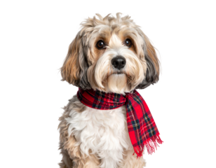 Adorable Cavapoo dog wearing a festive red tartan scarf studio portrait.