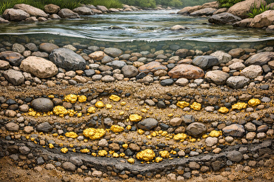 Placer Gold Deposits Concentrated in River Gravel Sediments Geological Illustration
