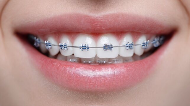 Close-up of a smiling mouth with orthodontic braces, showing straight, white teeth and pink lips. The skin around the mouth appears smooth