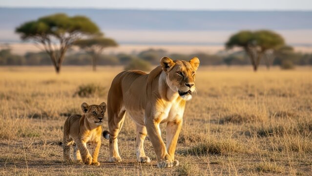 Lioness and cub in african savannah at sunrise with acacia trees