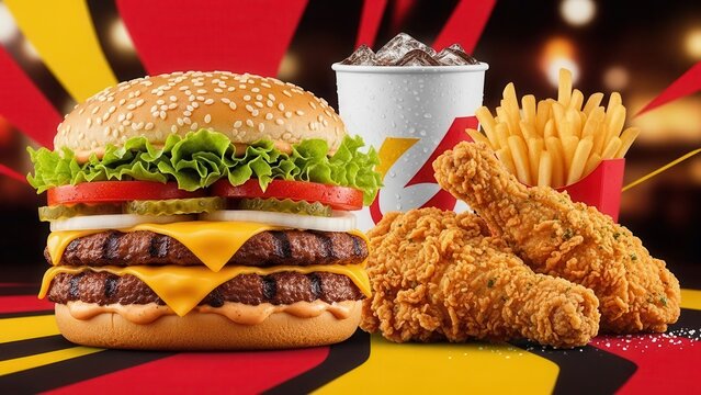 Low angle perspective fast food burger and crispy fried chicken combo meal on bold commercial advertising background