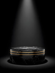 Elegant Black Marble Cylinder Pedestal with Gold Rings and Spotlight