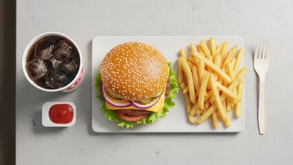 Flat lay commercial perspective fast food combo meal arranged symmetrically for menu advertising