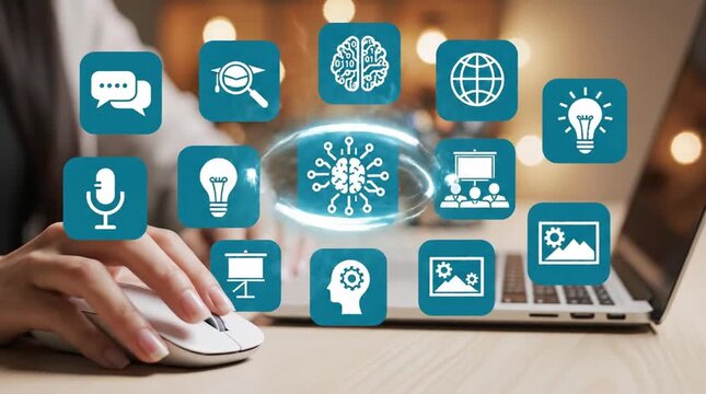 Artificial Intelligence Brain with Digital Icons & Human Hand Using Mouse on Laptop for Data Processing, Innovation, and Machine Learning Concepts
