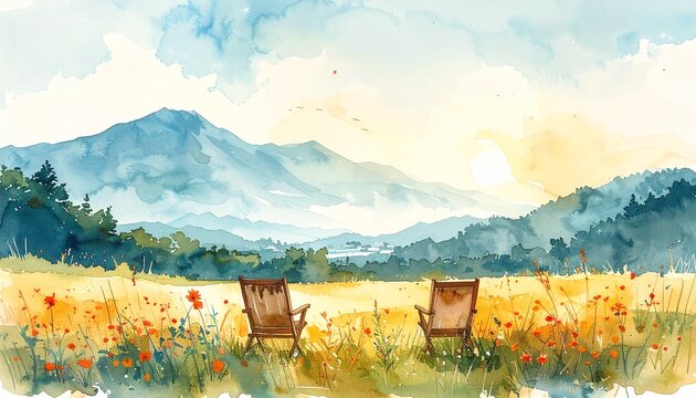 Watercolor wash and fine ink line sketch of this photo. Loose expressive ink outlines for faces and chairs; watercolor for field and sky; soft mountain silhouette; crowd suggested with minimal marks. 