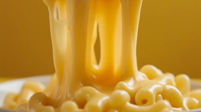 creamy macaroni and cheese being served with a fork, showing the delicious stretch of the melted sauce in a warm indoor setting.