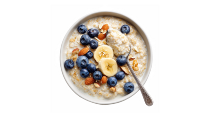A bowl of healthy oatmeal topped with fresh blueberries, bananas, and almonds for breakfast