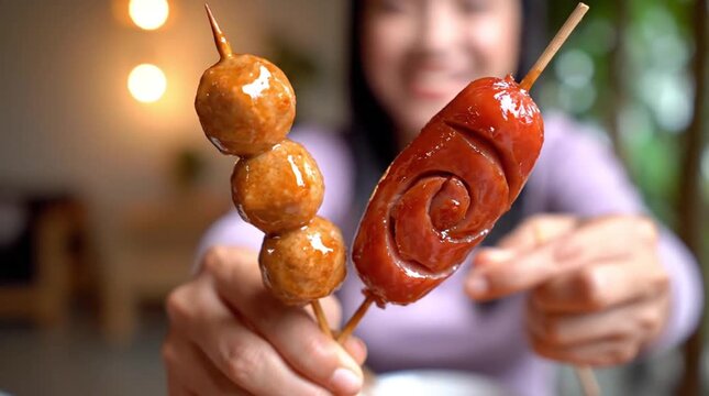 Smiling Person Presenting Delicious Glazed Asian Street Food Skewers: Spiral Sausage and Crispy Fish Balls, Ready to Eat