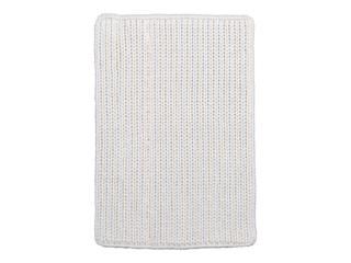 A close-up view of a textured yarn blanket displayed on a plain white background