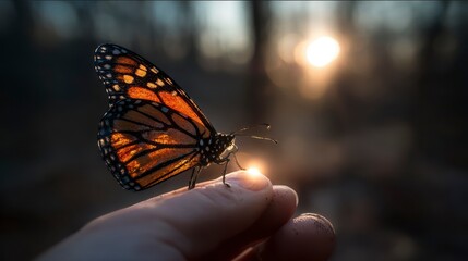Obraz premium Close-up of a hand holding a Monarch butterfly, wings spread, with a blurred forest background and the sun shining brightly