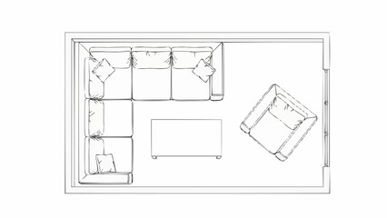 Top view sketch of a modern living room furniture layout.