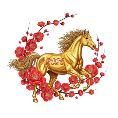 Golden Horse with 2026 Year Symbol Surrounded by Red Flowers.