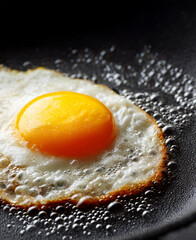 Close-Up of Egg Sizzling in Frying Pan, Reflective Golden Yolk with Light Steam and Warm Intimate Cooking Atmosphere
