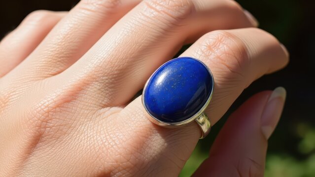 Close-up of hand adorned with lapis lazuli ring on caucasian female young adult